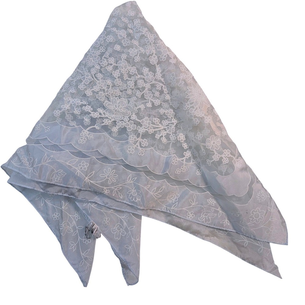 Vintage Sheer Lace Scarf‎ Handkerchief Floral Embroidered Blue Japan